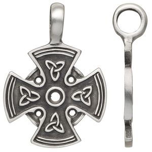 Pendant, antiqued pewter (tin-based alloy), 42x30mm single-sided cross with trinity knot design. Sold individually.