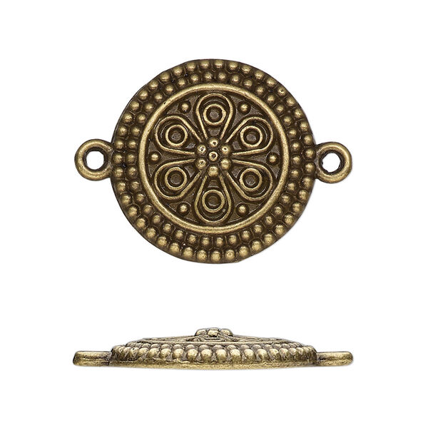 Link, antique brass-finished "pewter" (zinc-based alloy), 21.5mm single-sided domed round with flower. Sold per pkg of 10. image number 0