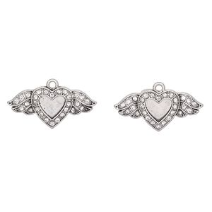 Focal, antique silver-finished "pewter" (zinc-based alloy) and glass, clear, 30x14mm heart with wings. Sold per pkg of 2.