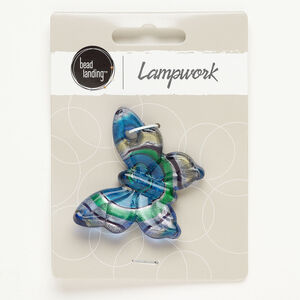 Focal, lampworked glass, green / blue / purple, 46x37mm butterfly with silver-colored foil. Sold individually.