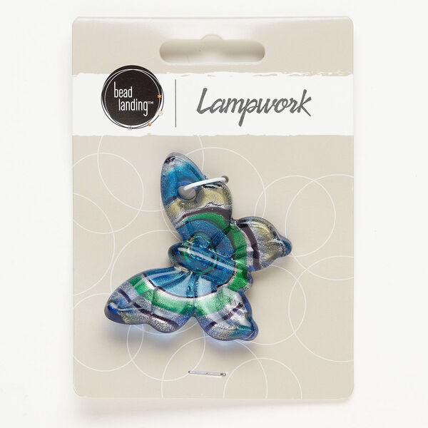Focal, lampworked glass, green / blue / purple, 46x37mm butterfly with silver-colored foil. Sold individually. image number 0