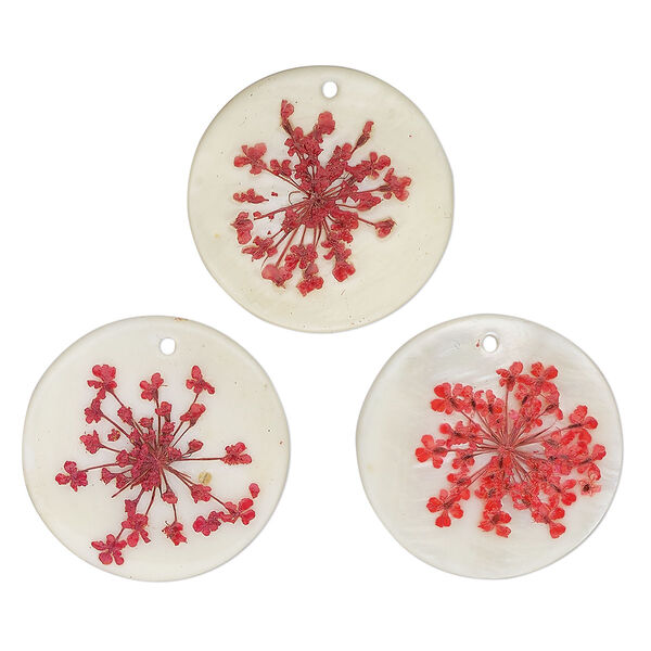 Drop, mother-of-pearl shell (bleached) / pressed flower / resin, white and red, 26mm round, Mohs hardness 3-1/2. Sold per pkg of 3. image number 0
