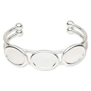 Bracelet, cuff, silver-plated brass and "pewter" (zinc-based alloy), 18mm wide with (3) 18x13mm oval settings, adjustable. Sold individually.