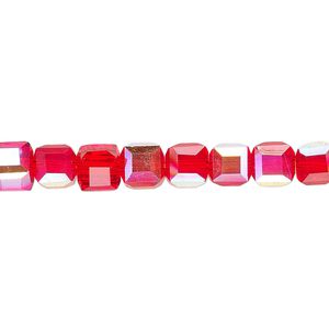 Bead 1pk 18 facets translucent red AB, Celestial Crystal® 6mm cube 15.5-16 inch
