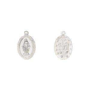 Drop, sterling silver, 12x9mm two-sided oval with Mother Mary. Sold individually.