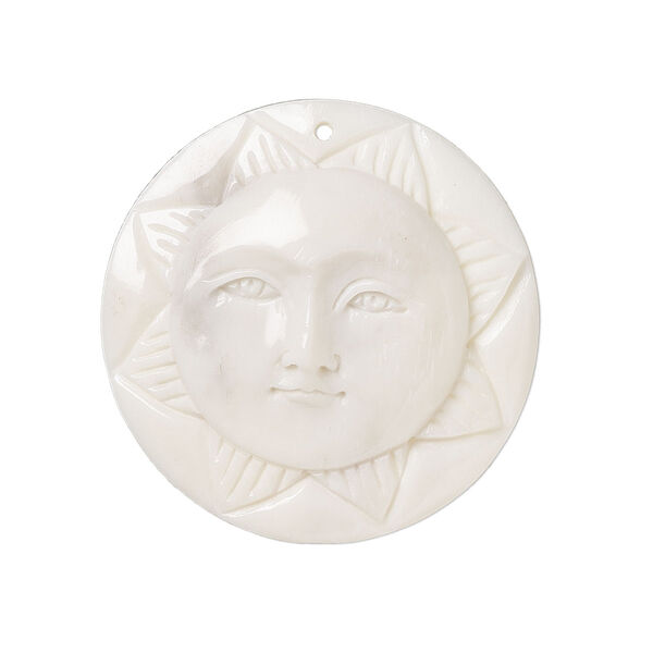 Focal, bone (bleached), 30mm hand-cut single-sided carved sun face, Mohs hardness 2-1/2. Sold individually. image number 0