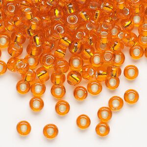 Seed bead, Miyuki, glass, pkg/250g, #6 rocaille, transparent silver-lined orange, (RR-8).