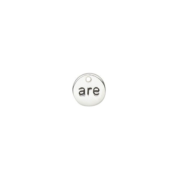 Drop, sterling silver and enamel, black, 8mm single-sided round with "are." Sold individually. image number 0