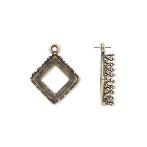 Drop, JBB Findings, antiqued brass, 12mm square with open back and decorative trim with 10mm square bezel setting. Sold individually.