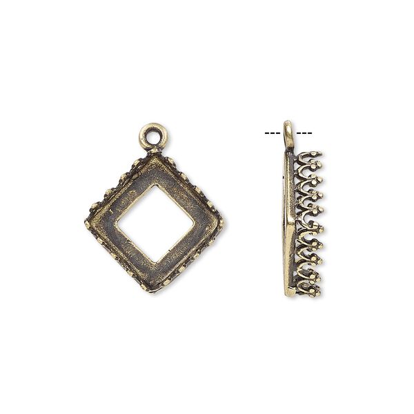 Drop, JBB Findings, antiqued brass, 12mm square with open back and decorative trim with 10mm square bezel setting. Sold individually. image number 0