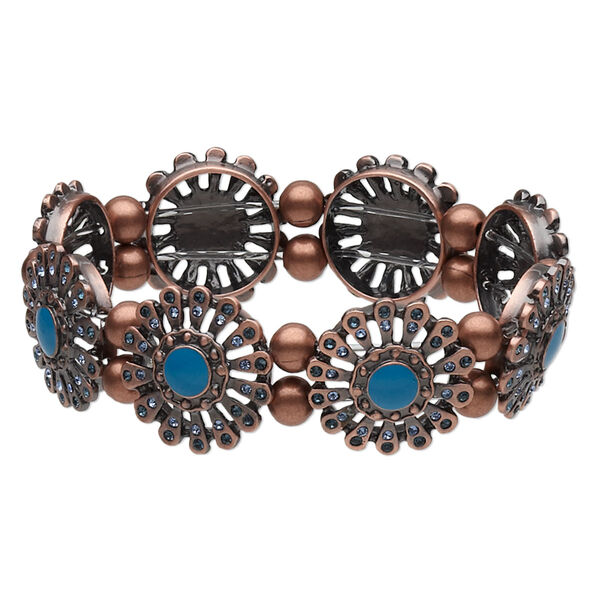 Bracelet, stretch, enamel / crystal rhinestone / antiqued copper-plated brass, turquoise blue / light blue / dark blue, 21mm flower, 6-1/2 inches. Sold individually. image number 0