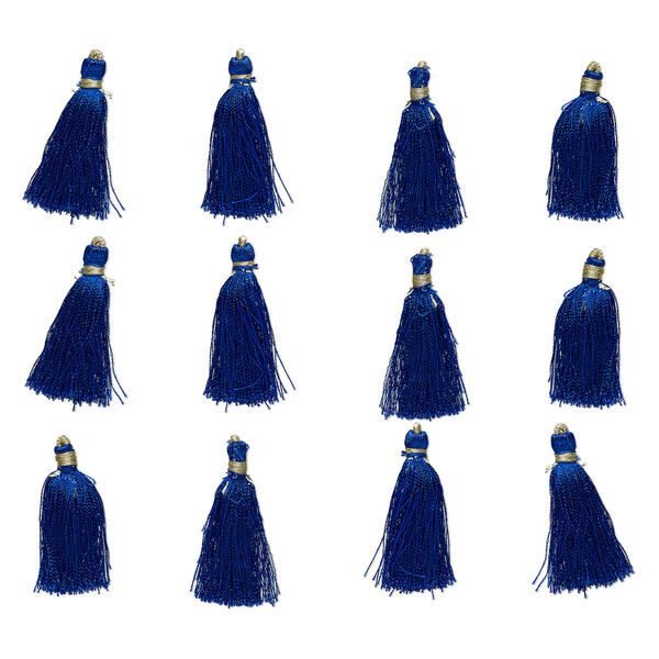 Tassel, silk (imitation) and gold-finished copper, blue, 1-3/4 to 2 inches. Sold per pkg of 12. image number 0