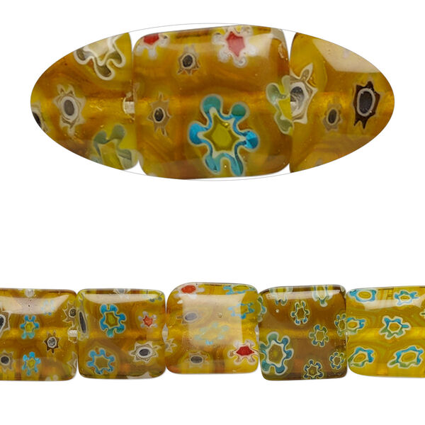 Bead, millefiori glass, yellow, 10x10mm flat square. Sold per 15-inch strand. image number 0