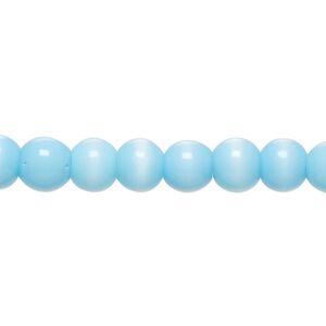 Bead, cat's eye glass (fiber optic glass), sky blue, 6-8mm round. Sold per 14-inch strand, approximately 55 beads.