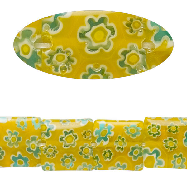 Bead, millefiori glass, translucent yellow / blue / white, 11mm-13x12mm puffed square with flower design. Sold per 14-inch strand. image number 0