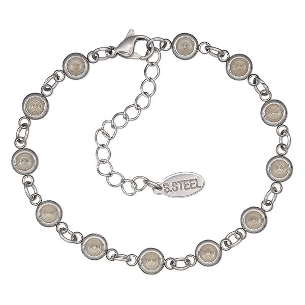 Bracelet, stainless steel, 6.5mm wide, 6-1/2 inches with 2-inch extender chain and lobster claw clasp with (12) PP32 chaton settings. Sold individually. image number 0