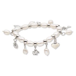 Bracelet, stretch, cultured freshwater pearl (bleached) / antique silver-coated plastic / antique silver-plated steel / "pewter" (zinc-based alloy), white, 10mm wide, 7 inches. Sold individually.