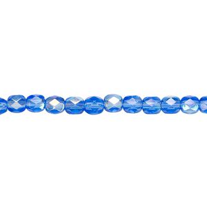 Bead, Czech fire-polished glass, light cobalt AB, 4mm faceted round. Sold per 15-1/2" to 16" strand.