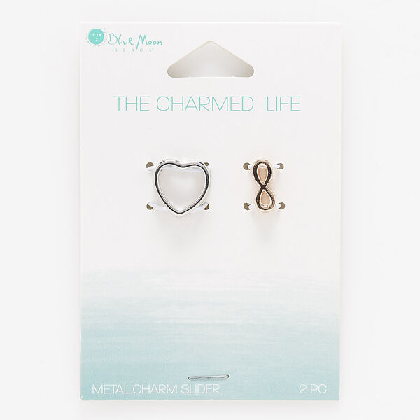 Slide mix, silver- and rose gold-finished "pewter" (zinc-based alloy), 13mm open heart and 12x5mm open infinity with 11x2.5mm and 10x2mm holes. Sold per pkg of 2. image number 0