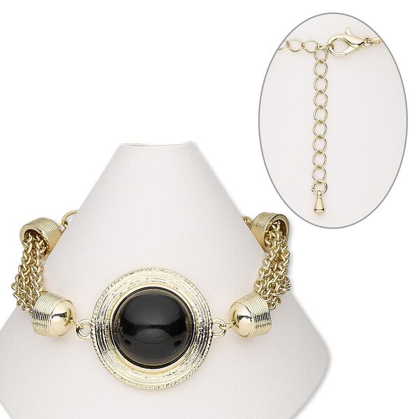 Bracelet, acrylic / gold-finished steel / "pewter" (zinc-based alloy) / brass, black, 31mm round link, 6 inches with 2-1/2 inch extender chain and lobster claw clasp. Sold individually. image number 0