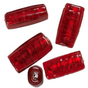 Bead, lampworked glass, opaque red, 24x12mm-23x11mm flat tube with silver-colored foil. Sold per pkg of 4.