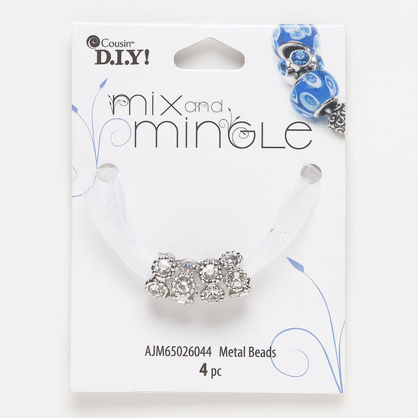 Bead, silver-finished "pewter" (zinc-based alloy) and glass, clear, 12x6mm rondelle. Sold per pkg of 4. image number 0