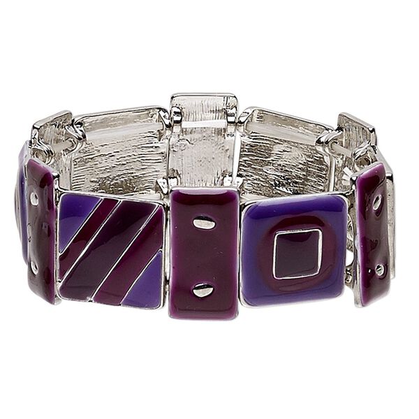 Bracelet, stretch, enamel and silver-plated "pewter" (zinc-based alloy), purple and plum, 23mm wide with square and rectangle, 6-1/2 to 7 inches. Sold individually. image number 0