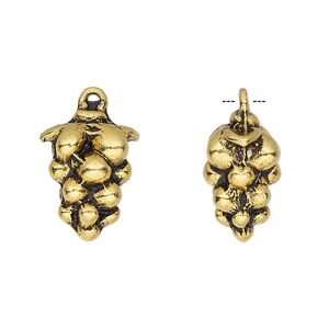 Charm, antique gold-finished "pewter" (zinc-based alloy), 18x13mm 3D grape bunch. Sold per pkg of 2.