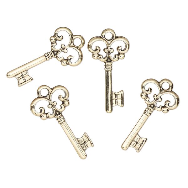 Charm, antique gold-finished "pewter" (zinc-based alloy), 21x12mm key. Sold per pkg of 4. image number 0