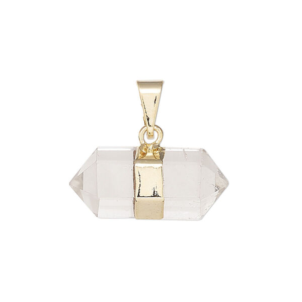 Pendant quartz crystal 1pk 23x10mm-27x12mm hand-cut faceted double point, natural, gold plate image number 0