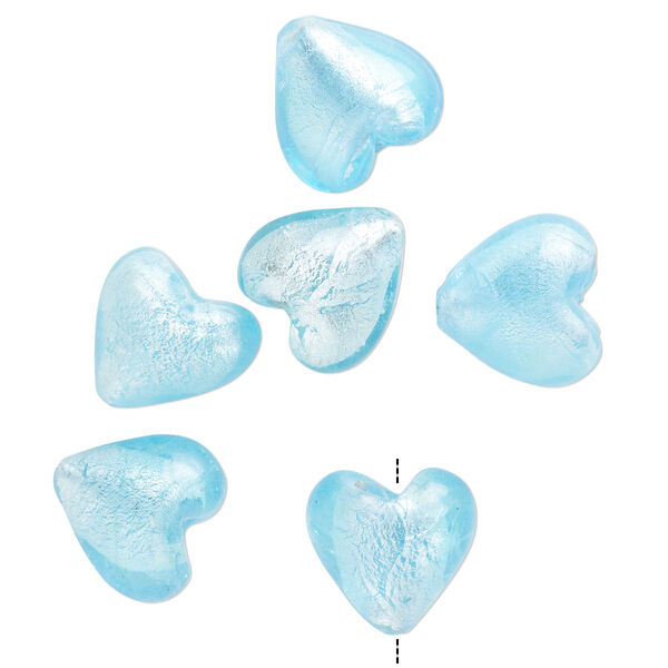 Bead, lampworked glass, pkg/6, opaque and translucent sky blue with silver-colored foil, 21-25mm puffed heart. image number 0