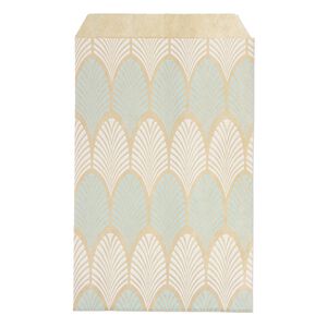 Bag, paper, brown, white and blue, 6x4 inch rectangle with leaf-print and scalloped top edge. Sold per pkg of 100.