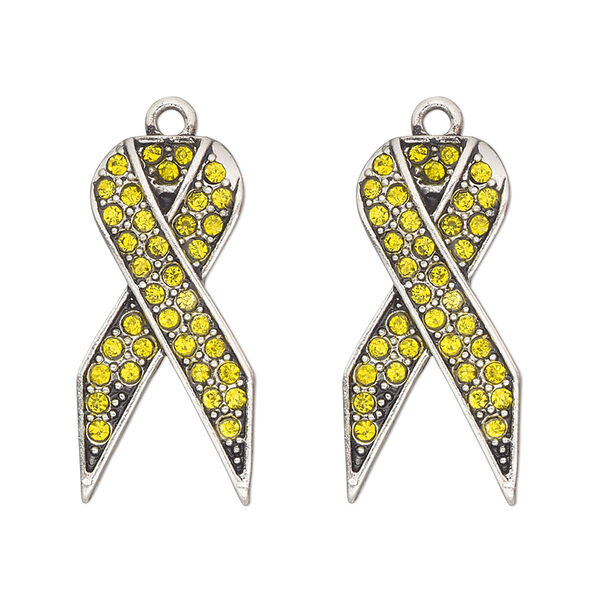 Charm, antique silver-finished "pewter" (zinc-based alloy) and glass, yellow, 27x13mm single-sided awareness ribbon. Sold per pkg of 2. image number 0
