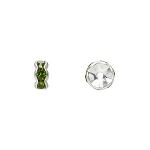 Bead, glass rhinestone and silver-plated brass, peridot green, 7x3.5mm rondelle. Sold per pkg of 10.