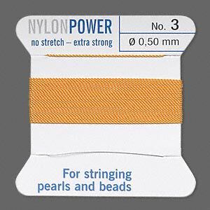 Thread, Griffin, nylon, amber yellow, size #3. Sold per 2-meter card (approximately 78 inches).