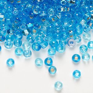 Seed bead glass 1pk opaque and translucent luster silver-lined aqua blue, #6 round 100 gram