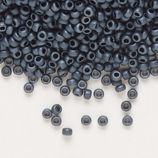Seed bead, Miyuki, glass, pkg/250g, #11 rocaille, opaque matte gunmetal, (RR-2001). image number 0