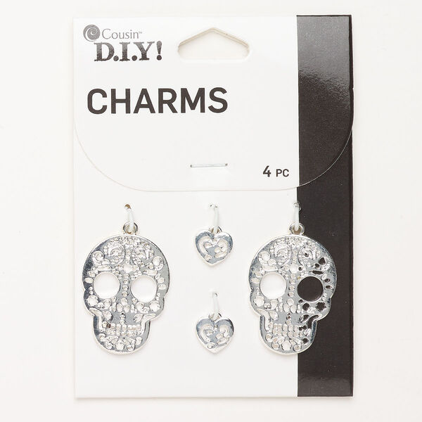 Drop brass 4pk 10x9mm heart 30x22mm skull filigree, silver finish image number 0
