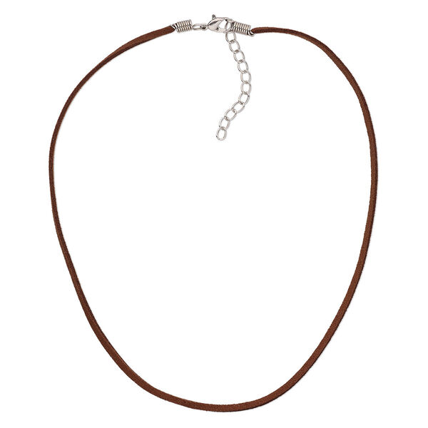 Necklace cord, faux suede with silver-plated steel and "pewter" (zinc-based alloy), brown, 2.5-3mm wide, 16 inches with 3-inch extender chain and lobster claw clasp. Sold per pkg of 10. image number 0