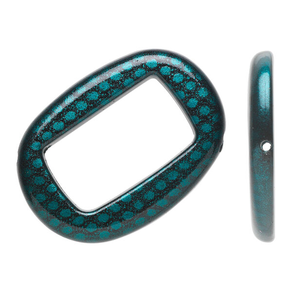 Bead, acrylic, turquoise blue and black, 45x32mm diagonally drilled flat open oval with snakeskin design and 29x17mm center hole. Sold per pkg of 24. image number 0