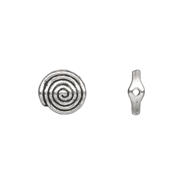 Bead, antique silver-plated "pewter" (zinc-based alloy), 11mm double-sided flat round with spiral design. Sold per pkg of 20. image number 0