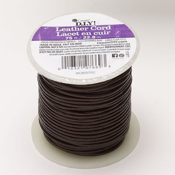 Cord, leather (dyed), pkg/75 feet, dark brown, 2mm round. image number 0