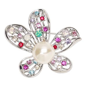 Brooch, glass rhinestone / glass pearl / imitation rhodium-finished "pewter" (zinc-based alloy), multicolored, 43x37mm flower. Sold individually.
