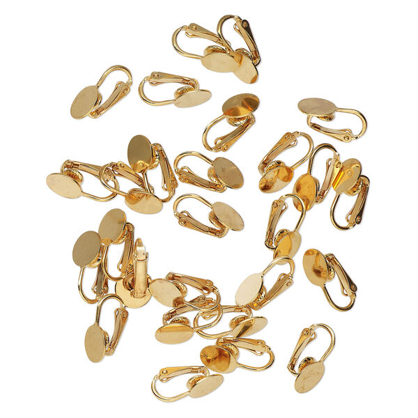 Earring, clip-on, gold-finished brass, 16mm with 10mm round flat pad. Sold per pkg of 12 pairs. image number 0