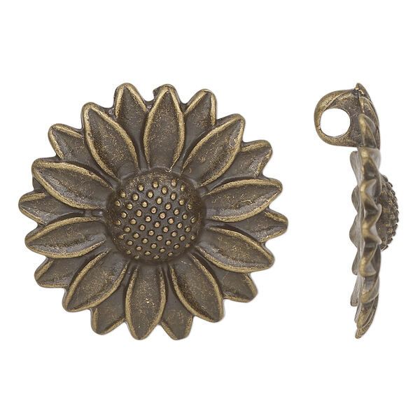 Charm, antique brass-finished pewter (tin-based alloy), 28.5mm sunflower. Sold per pkg of 2. image number 0