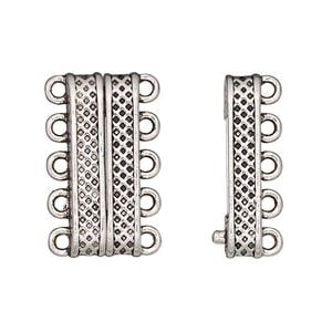 Clasp magnetic 1pkg1 "pewter" (zinc alloy), 24.5x9mm rectangle, antique silver-finished 5-strand
