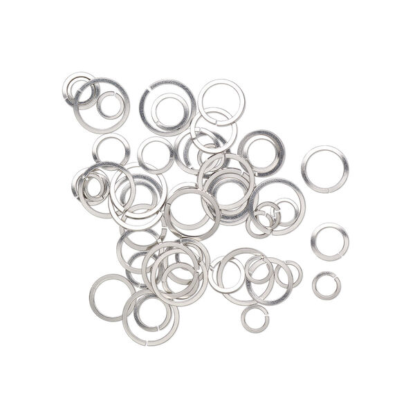 Jump ring mix, stainless steel, 6-12mm round square wire, 4.3-10mm inside diameter, 18-20 gauge. Sold per pkg of 50. image number 0