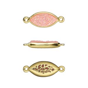 Link, Druzylite™, "druzy" (resin) and gold-finished brass, pink, 16x8mm two-sided marquise with open filigree back. Sold per pkg of 4.