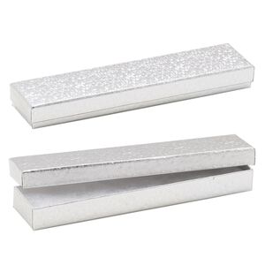 Box, paper, "cotton"-filled, silver, 8-1/8 x 1-7/8 x 7/8 inch rectangle. Sold per pkg of 10.