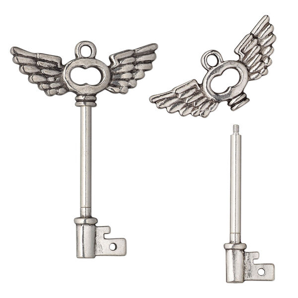 Focal, antique silver-finished "pewter" (zinc-based alloy) and brass, 62x43.5mm double-sided key with wings design and twist-off head, 32mm beadable length. Sold individually. image number 0